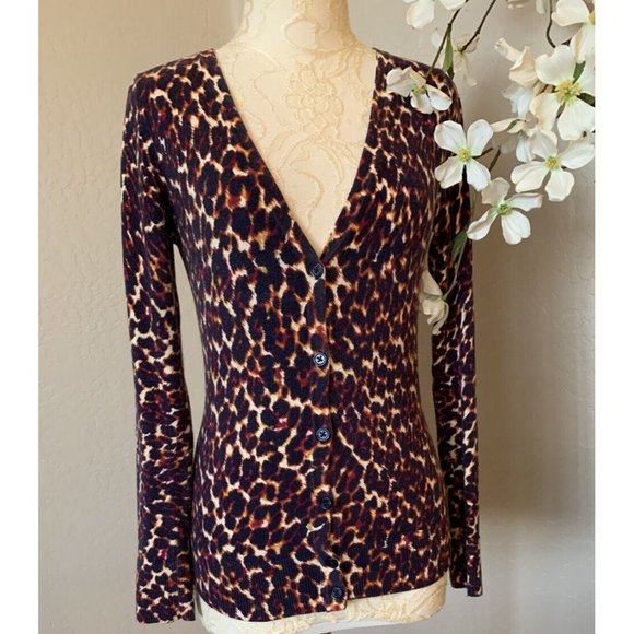 Merona Womens Animal Print Long Sleeve Cardigan Sweater S Brown Button Up Top - Picture 11 of 12